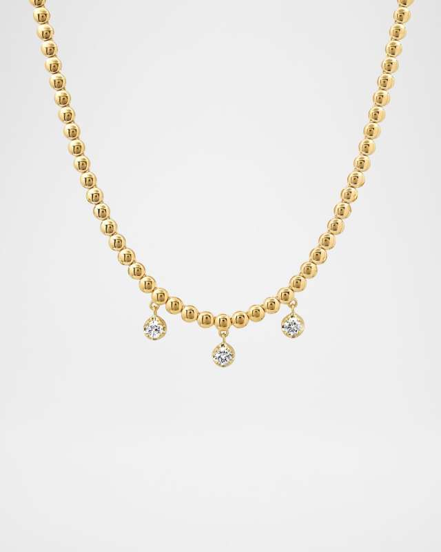 18K Yellow Gold Mini Bezel Tennis Necklace with 3 Illusion Set Diamond Drops